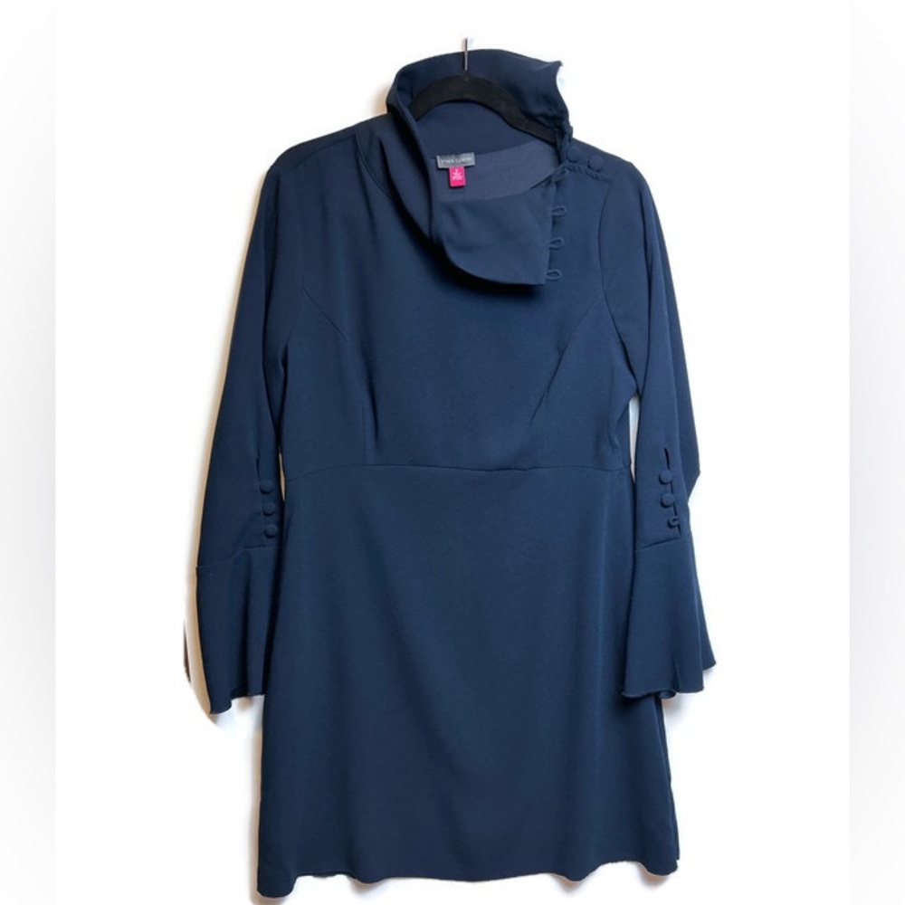 Vince Camuto Long Sleeve Dress High Neck Button Collar 12 Navy Blue